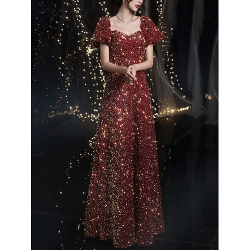 

A-Line Sparkle Elegant Prom Formal Evening Dress Square Neck Short Sleeve Floor Length Sequined with Sequin 2022
