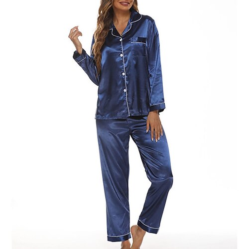 

Women's Pajamas Sets Nighty Pjs 2 Pieces Pure Color Fashion Simple Comfort Home Daily Vacation Satin Breathable Gift Lapel Long Sleeve Shirt Pant Button Elastic Waist Fall Spring Green Blue / Silk
