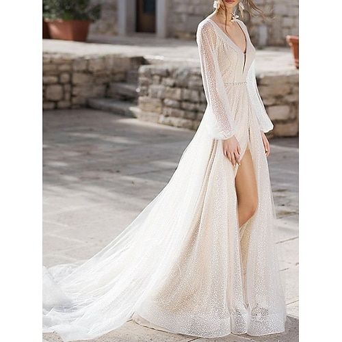 

A-Line Wedding Dresses V Neck Court Train Tulle Long Sleeve Beach Sexy Sparkle & Shine with Beading Sequin Split Front 2022