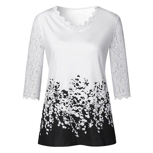

Women's Plus Size Tops Blouse Shirt Floral Print 3/4 Length Sleeve V Neck Streetwear Daily Weekend Polyester Spring Summer White Black
