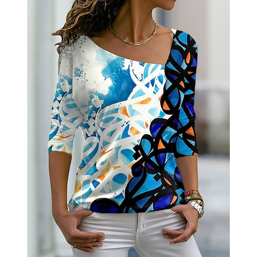 

Women's T shirt Tee Green Blue Purple Graphic Print Long Sleeve Daily Weekend Basic V Neck Regular Painting S