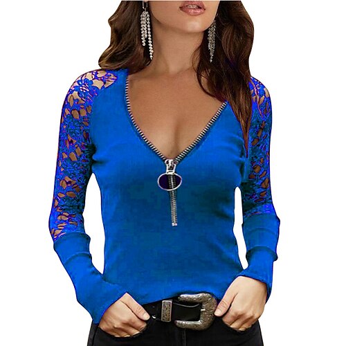 

women fashion lace long sleeve solid color pullover top 1/2 zipper casual t-shirt blue