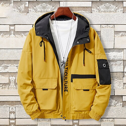 

Men's Hoodied Jacket Street Athleisure Daily Fall Spring Coat Holiday Casual Daily Jacket Long Sleeve Patchwork Zipper Pocket Yellow White Black