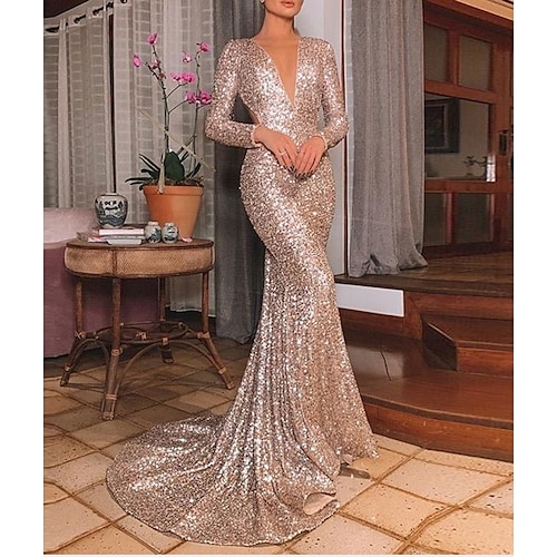 

Mermaid / Trumpet Evening Dresses Beautiful Back Dress Party Wear Sweep / Brush Train Long Sleeve V Neck Sequined with Sequin 2022 / Formal Evening / Sparkle & Shine
