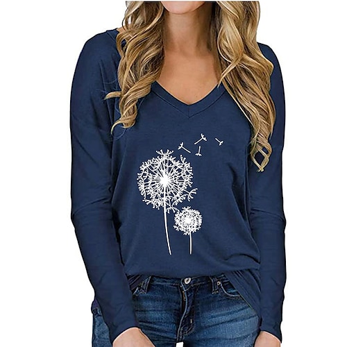 

Women's T shirt Tee Army Green Red Navy Blue Dandelion Print Long Sleeve Daily Weekend Basic V Neck Regular Floral Painting S