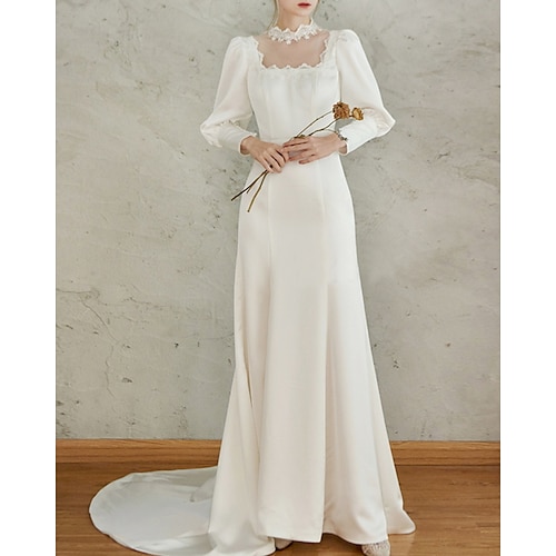 

Sheath / Column Wedding Dresses Jewel Neck Sweep / Brush Train Lace Charmeuse Long Sleeve Simple Vintage with 2022