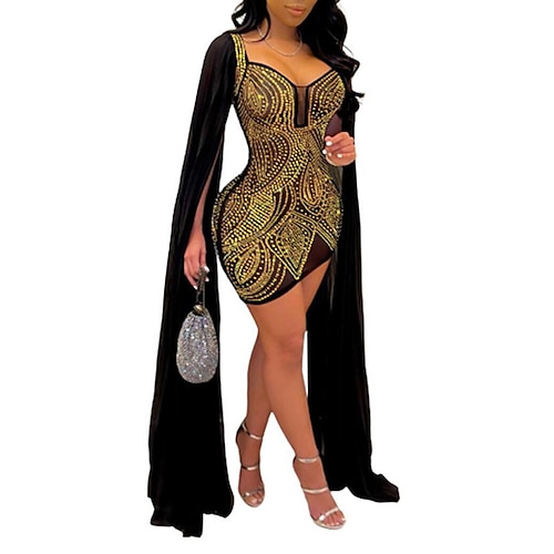 

Women's Party Dress Silver Gold Beige Long Sleeve Letter Sequins Fall V Neck Party Winter Dress Fall Dress S M L XL XXL 3XL