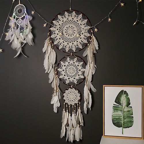 

Dream Catcher Three-ring Concentric Circles Handmade Gift with White Feather Wall Hanging Decor Art Wind Chimes Boho Style Home Pendant 35127cm