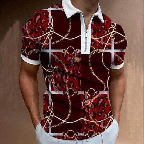 

Men's Collar Polo Shirt Golf Shirt Chains Print Collar Red Outdoor Street Short Sleeve Zipper Print Clothing Apparel Fashion Streetwear Sportswear Casual / Summer / Summer