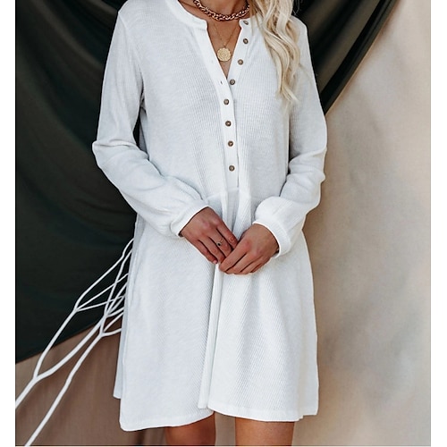 

Women's Shirt Dress A Line Dress Midi Dress Winter Dress Daily Fall Dress Cotton Casual V Neck Patchwork Puff Sleeve Long Sleeve Summer Spring Fall Linen Loose Fit Black White Pink Pure Color S M L