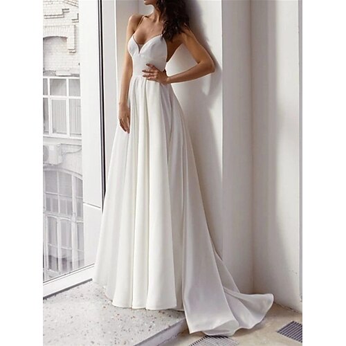 

A-Line Wedding Dresses V Neck Spaghetti Strap Sweep / Brush Train Satin Sleeveless Country Simple Sexy with Pleats Solid Color 2022