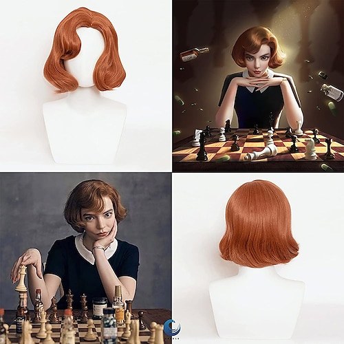 Beth Harmon Wig Queens Gambit Wig Short Brown Curly Wig Auburn