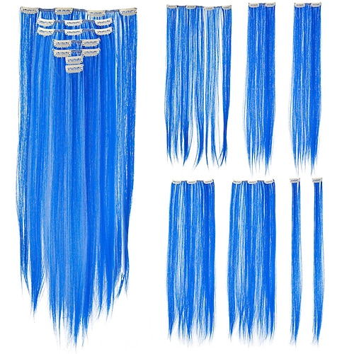 

Extensiones de cabello azul 7 piezas de toques de cabeza de fiesta de cabeza completa con clip en extensiones de cabello raya de cabello de color postizos sintéticos