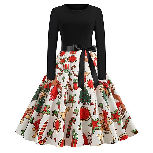 

Women's A Line Dress Swing Dress Knee Length Dress Purple Dark Blue Red Beige Light Blue Long Sleeve Elk Snowman Christmas Tree Bow Print Fall Winter Round Neck Vintage 1950s Elegant Christmas 2022 S