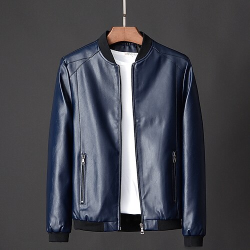 

Men's Bomber Jacket Faux Leather Jacket Durable Casual / Daily Daily Wear Vacation To-Go Zipper Standing Collar Comfort Leisure Jacket Outerwear Solid / Plain Color Zipper Pocket Black Dark Blue Brown