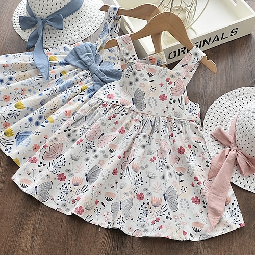 

Kids Toddler Little Girls' Dress Floral Graphic Daily Holiday Bow Print Blue Blushing Pink Cotton Above Knee Sleeveless Cute Sweet Dresses Summer Loose 1-5 Years