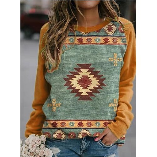 

Mulheres Moletom Estacionar Roupa de Esporte Étnico Retro Patchwork Imprimir Amarelo Gráfico Geométrica Festa Decote Redondo Manga Longa