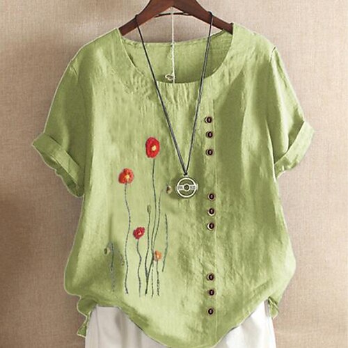 

Women's Plus Size Tops Blouse Shirt Graphic Floral Short Sleeve Round Neck Basic Casual Daily Date Cotton Spring Summer