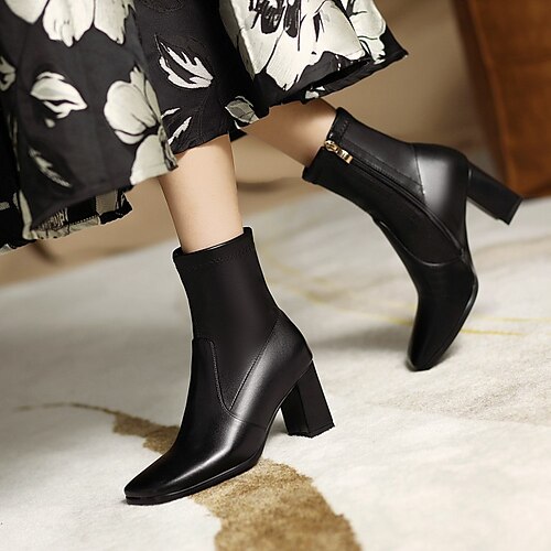 

Women's Boots Daily Heel Boots Booties Ankle Boots Chunky Heel Square Toe PU Zipper Solid Colored Black White