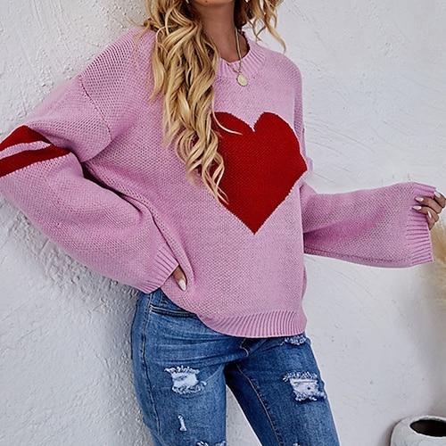 

Women's Pullover Sweater Jumper Knitted Striped LOVE Heart Valentine's Day Color Block Stylish Casual Soft Long Sleeve Sweater Cardigans Crew Neck Fall Winter Purple Yellow Blushing Pink
