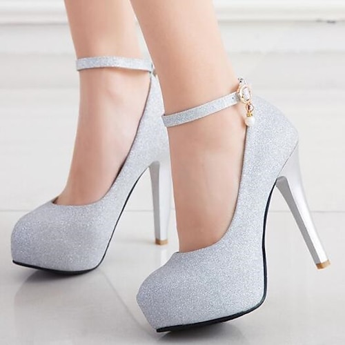 Black and Silver Glitter Chunky Heels Ankle Strap Platform Pumps
