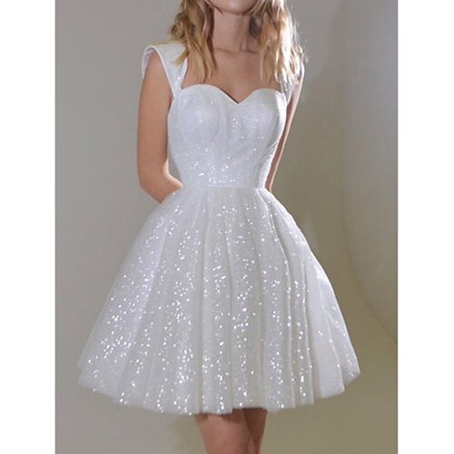 

A-Line Wedding Dresses V Neck Knee Length Tulle Sequined Sleeveless Simple Sexy Little White Dress Sparkle & Shine Cute with Sequin 2022