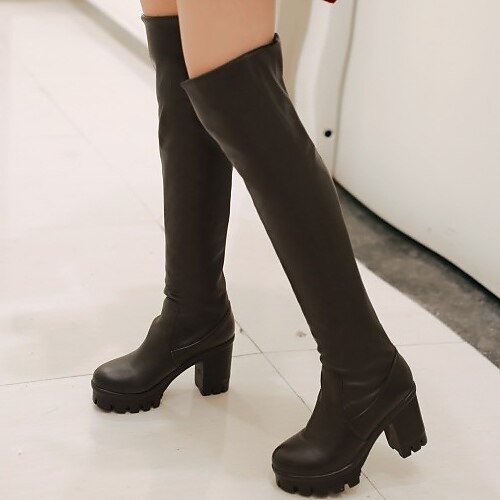 

Women's Boots Daily Heel Boots Knee High Boots Chunky Heel Round Toe PU Loafer Solid Colored Black Brown White