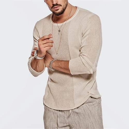 

Men's Sweater Pullover Sweater Jumper Jumper Knit Knitted Solid Color Crew Neck Stylish Outdoor Home Winter Fall Khaki Light gray M L XL
