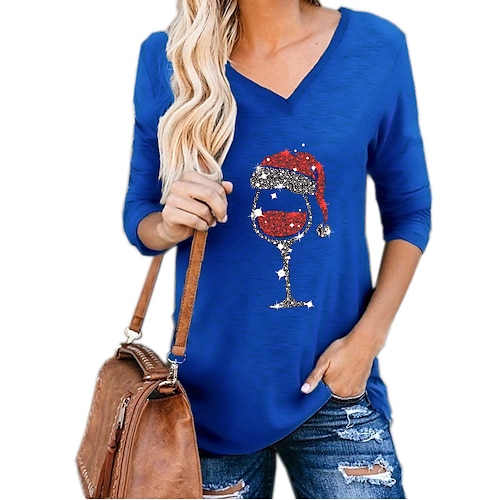 

Women's T shirt Tee Blue Purple Wine Graphic Print Long Sleeve Gift Weekend Basic V Neck Regular Painting S
