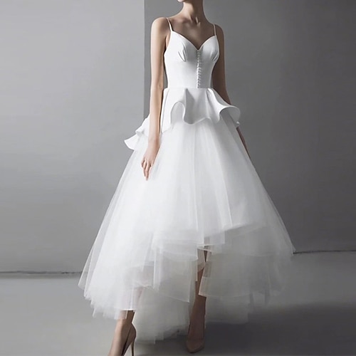 

A-Line Wedding Dresses V Neck Spaghetti Strap Asymmetrical Floor Length Satin Tulle Sleeveless Simple Glamorous Sexy with Buttons Ruffles 2022