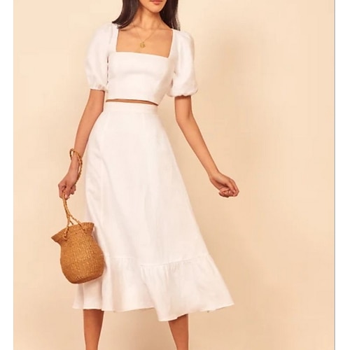 

Two Piece A-Line Wedding Dresses Scoop Neck Tea Length Satin Half Sleeve Simple Little White Dress with Solid Color 2022