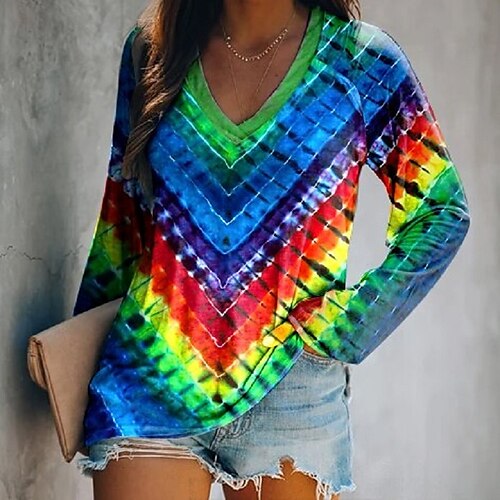 

Women's T shirt Tee Rainbow Rainbow Patchwork Print Long Sleeve Casual Sports Beach V Neck Regular Geometric Painting S / 3D Print