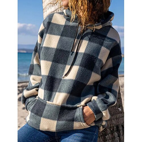 

Women's Hoodie Sweatshirt Pullover Basic Front Pocket Gray Plaid Street Hoodie Long Sleeve S M L XL 2XL 3XL