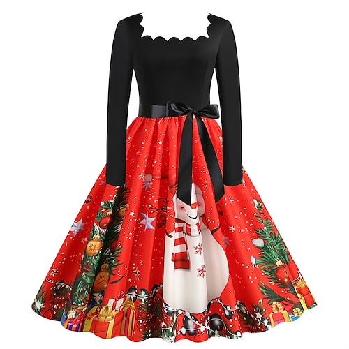 

Women's Swing Dress Mini Dress Green Black Yellow Long Sleeve Snowman Patchwork Winter Fall Autumn Square Neck Modern Christmas Weekend 2022 S M L XL XXL 3XL