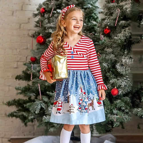 

Kids Girls' Dress Santa Claus A Line Dress Knee-length Dress Christmas Gifts Print Long Sleeve Cute Dress 2-8 Years Winter Red