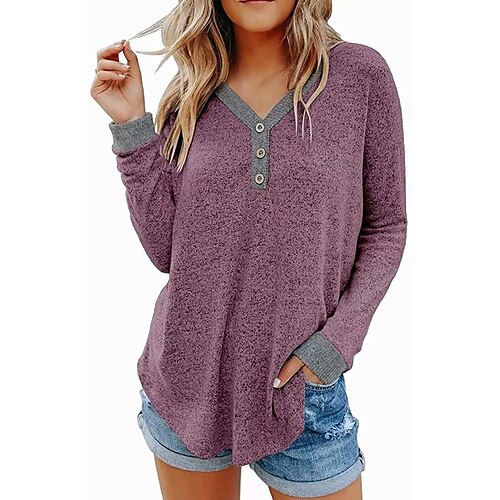 

Women's Blouse Plain Color Block Daily Going out Weekend Blouse Long Sleeve Button V Neck Elegant Casual Green Gray Fuchsia S