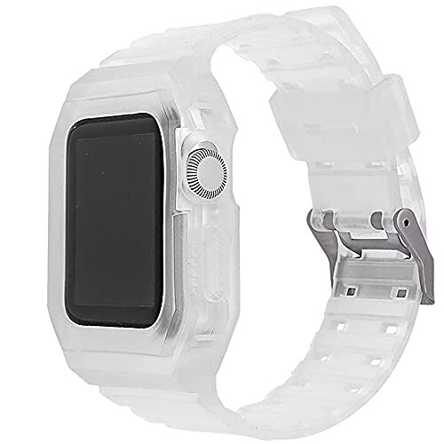 

transparent watch band with rugged case for apple watch series 7 6/se/5/4,sport strap bumper compatible with iwatch 45mm 41mm 44mm 40mm (frosted clear, 41mm/40mm/38mm)