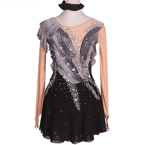 

Figure Skating Dress Women's Girls' Ice Skating Dress Outfits Dark Gray Open Back Asymmetric Hem Mesh Spandex High Elasticity Practice Competition Skating Wear Handmade Crystal / Rhinestone Long