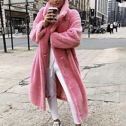

Women's Teddy Coat Cute Casual Pocket Street Daily Going out Polyester Long Coat Winter Fall Pink Khaki White Double Breasted Turndown Regular Fit XS S M L XL XXL