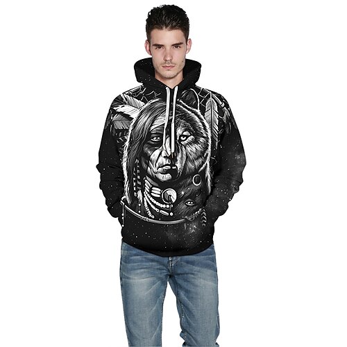 

Men's Pullover Hoodie Sweatshirt Black And White Blue Hooded Graphic Wolf Human Print Casual Daily Holiday 3D Print Sportswear Casual Big and Tall Spring Fall Clothing Apparel Hoodies Sweatshirts