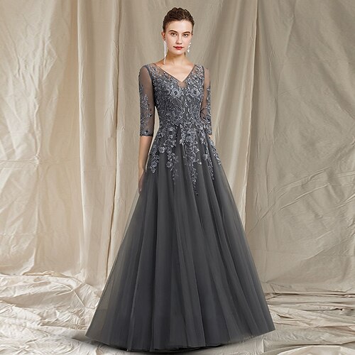 

A-Line Mother of the Bride Dress Elegant V Neck Floor Length Chiffon Lace Half Sleeve with Appliques 2022