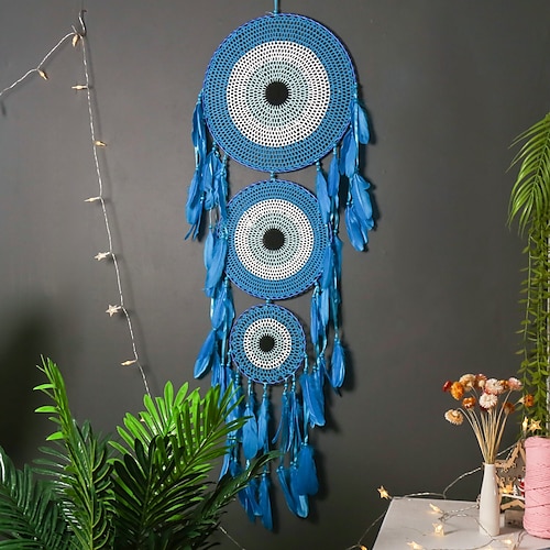 

Dream Catcher Metal Bell Pendant Handmade Gift Blue and White Wall Hanging Decor Art Aluminum Tube Feather Wind Chimes Home Pendant