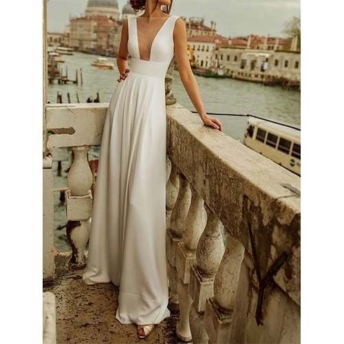 

Jumpsuits Wedding Dresses Jewel Neck Floor Length Charmeuse Sleeveless Country Simple Sexy with Solid Color 2022