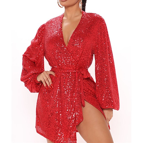 

Women's ChristmasSequin Dress Short Mini Dress White Red Long Sleeve Pure Color Sequins Lace up Fall V Neck Casual Party 2022 S M L XL XXL / Party Dress