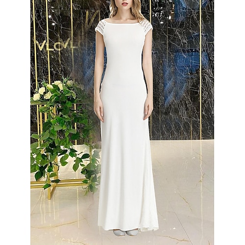 

Sheath / Column Wedding Dresses Jewel Neck Ankle Length Stretch Fabric Cap Sleeve Country Simple with Sequin 2022