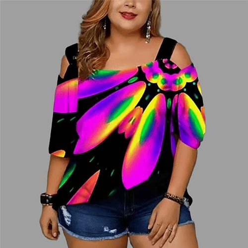 

Women's T shirt Tee Black Yellow Purple Floral Print Half Sleeve Daily Weekend Streetwear Preppy Boat Neck Regular L