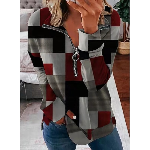 

Women's Pullover Basic Zipper Print Gray Plaid Loose Fit Daily Square Neck Long Sleeve S M L XL 2XL / 3D Print / Batwing Sleeve