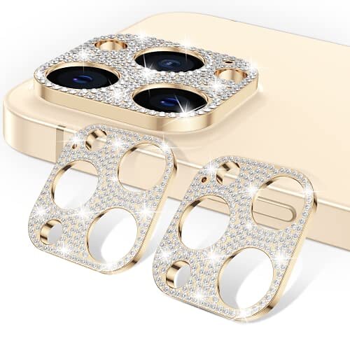 

[2 pack] bling camera lens protector compatible with iphone 13 pro max 6.7inch & 13 pro 6.1inch glitter diamond crystal metal lens protective decoration cover accessories (goldgold)