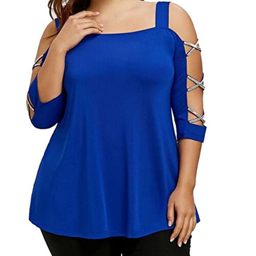 

Women's Plus Size Tops T shirt Tee Plain Cut Out Half Sleeve Boat Neck Streetwear Daily Work Polyester Spring Fall Black Blue