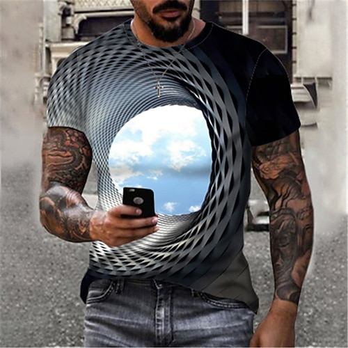 

Geometric Casual Mens 3D Shirt | Blue Summer Cotton | Men'S Tee Optical Illusion Clouds Round Neck 3D Print Outdoor Street Short Sleeve Clothing Apparel Sports Fashion